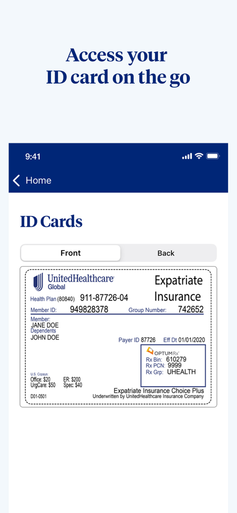 Cartão de identidade digital de seguro de saúde para expatriados exibido na interface do aplicativo móvel UHC Global