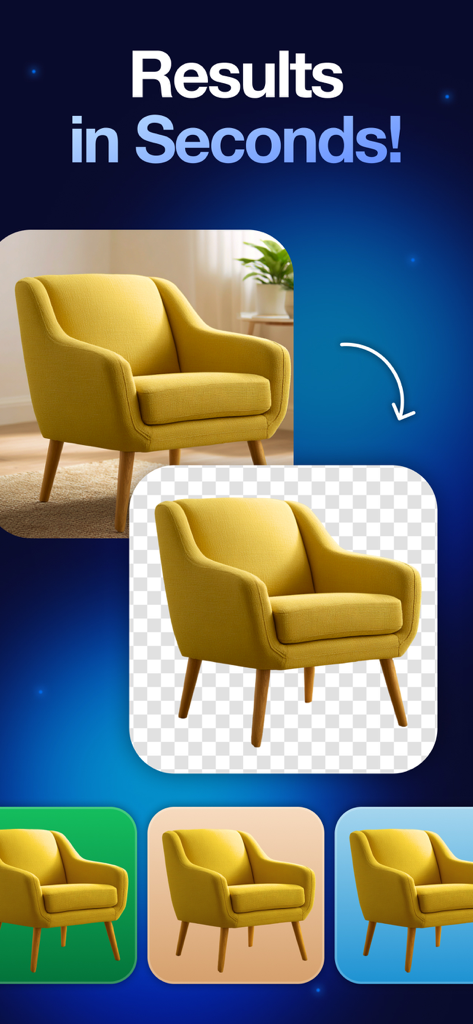 Background Remover+ - Demonstration of instant AI background removal for a yellow chair product photo