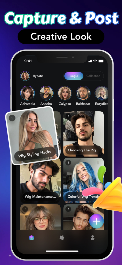 Feed social dell'app Bliss che mostra anteprime video di trucchi per lo styling delle parrucche e tutorial sulla manutenzione dei capelli