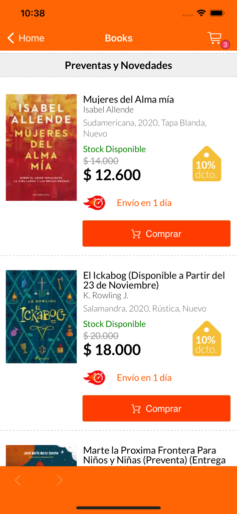 BuscaLibre - BuscaLibre mobile app interface displaying a list of Spanish books for sale with prices and discounts