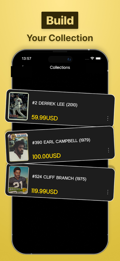 Sports Card Scanner Value - Interfaz de la aplicación Valor del Escáner de Tarjetas Deportivas mostrando una colección personalizada de tarjetas deportivas con sus precios de mercado en USD