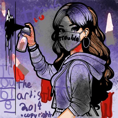 realistic girl with mask spray painting a wall