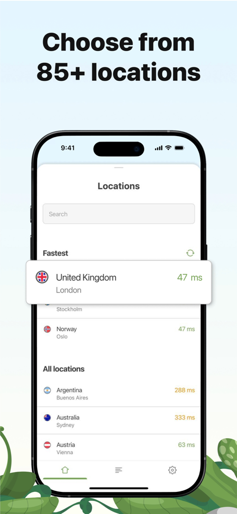 AdGuard VPN app interface showing a list of over 85 global server locations and connection ping times.