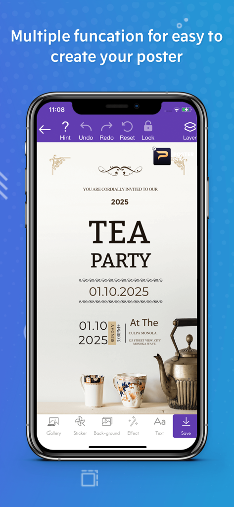 ステッカーやテキストなどの編集ツールを備えたティーパーティー招待状のデザインを表示するモバイルアプリのインターフェイス。
