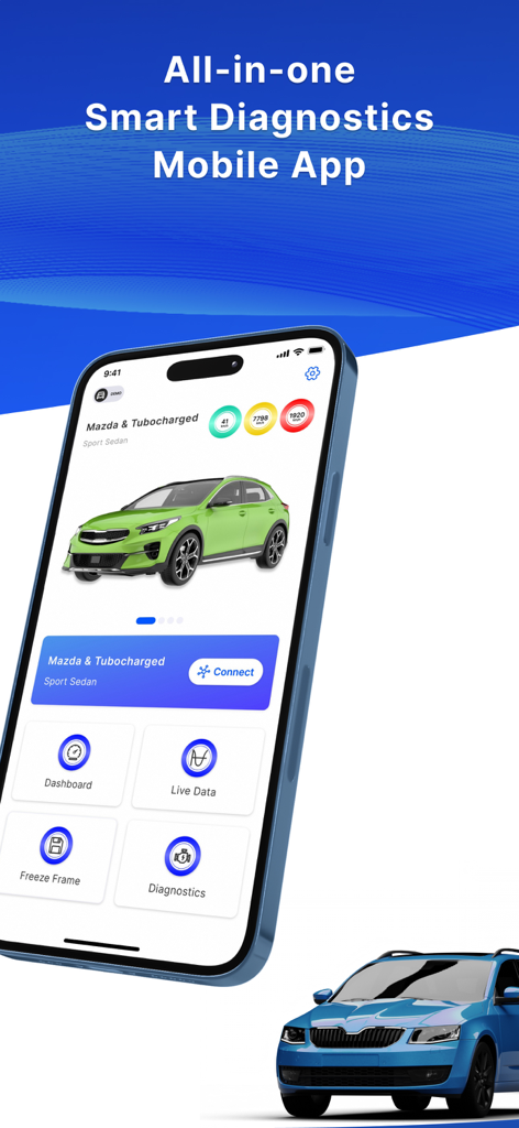 OBD2 Car Scanner - Torque FixD - Pantalla de smartphone que muestra la aplicación Escáner de Coche OBD2 con opciones de diagnóstico del vehículo y datos en vivo.