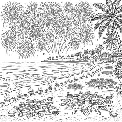 Immerse yourself in the magic of Diwali with this stunning coloring page, capturing a vibrant beach celebration under a sky full of fireworks. Adorn the intricate rangoli and glowing diyas on the sandy shore with your most festive colors.