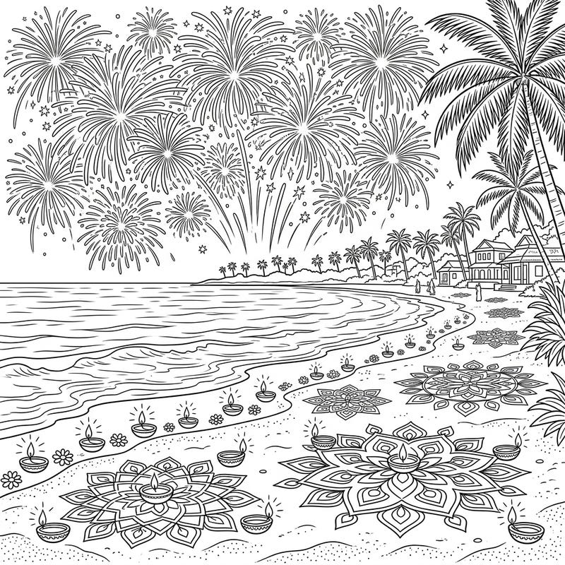 Immerse yourself in the magic of Diwali with this stunning coloring page, capturing a vibrant beach celebration under a sky full of fireworks. Adorn the intricate rangoli and glowing diyas on the sandy shore with your most festive colors.