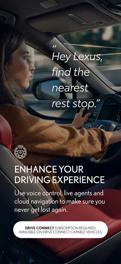 Lexus - A woman driving a Lexus using voice control for navigation via the Lexus app.