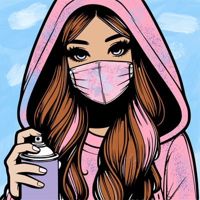 girl wearing a mask with long hair with her hood up spray-painting realistic