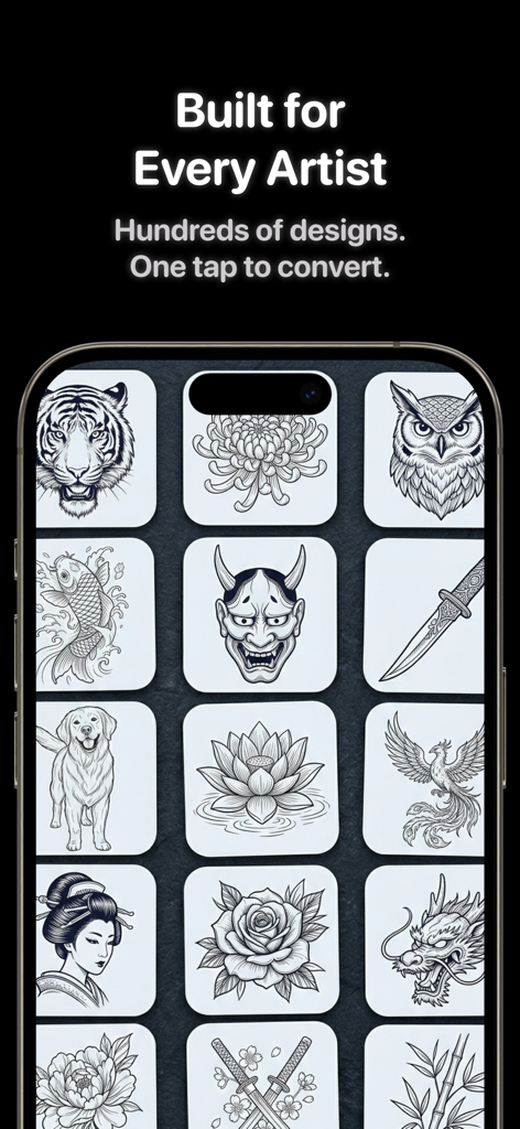 Stencil AI - Photo to Stencil - Smartphone screen showing a collection of high-contrast tattoo and art stencil designs like a tiger, dragon, and rose.