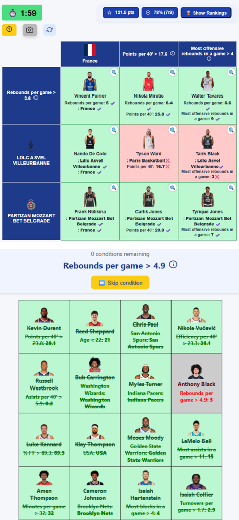 Data4Basket: Basketball Stats - Interface of Data4Basket showing basketball player grid and stat trivia mini games