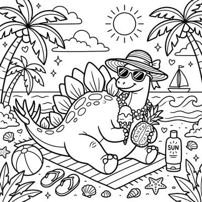 Join a friendly Stegosaurus as it enjoys a perfect summer day on the beach, complete with sunglasses, a hat, and an ice cream cone. This fun coloring page captures the joy of a dinosaur's tropical vacation, ready for your creative colors.