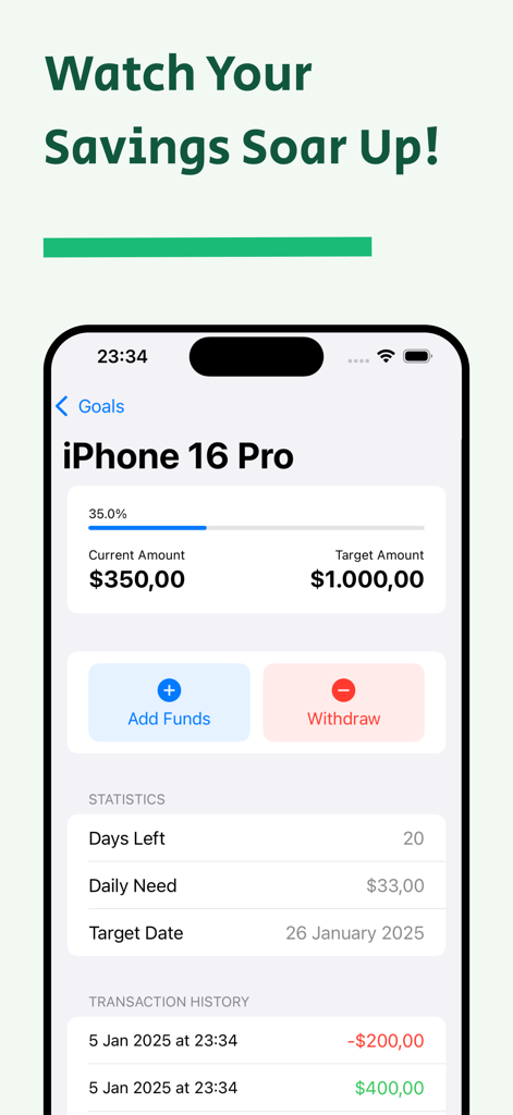 MoneyBox - Smart Savings - MoneyBox app interface tracking a savings goal for an iPhone