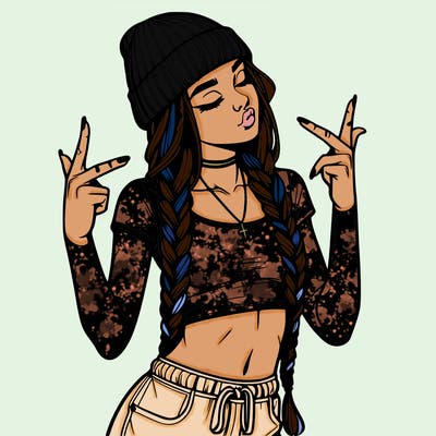 realistic teenage girl with braids and a beanie and crop top doing 🫶🏼