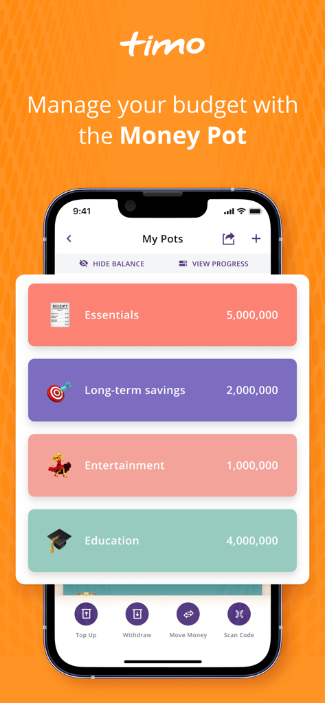 Timo Digital Bank by BVBank - Timo Digital Bank mobile app interface showing the Money Pot feature for managing personal budgets and savings categories
