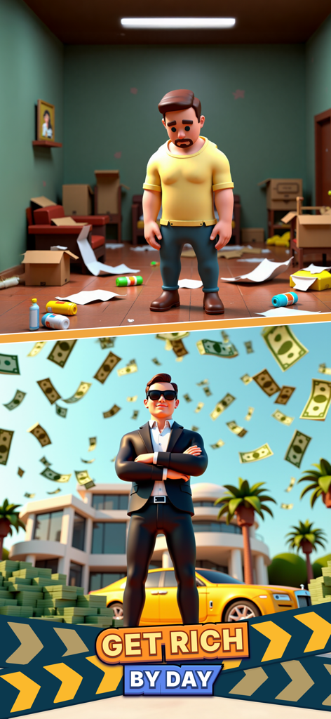 Un écran partagé comparant un homme dans un appartement en désordre à un homme d'affaires prospère devant un manoir et une voiture de luxe avec de l'argent qui tombe.