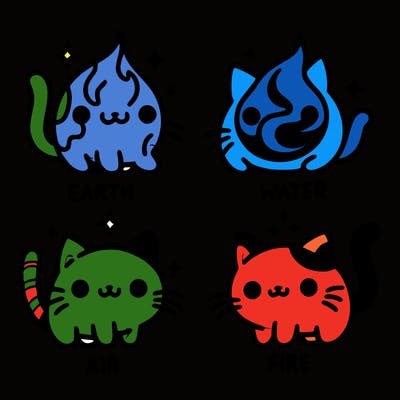 4 cats that represent the different elements, earth, water, air, and fire
