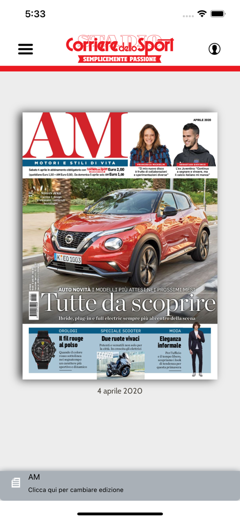 Réplica digital de la revista AM en la interfaz de la aplicación Corriere dello Sport HD