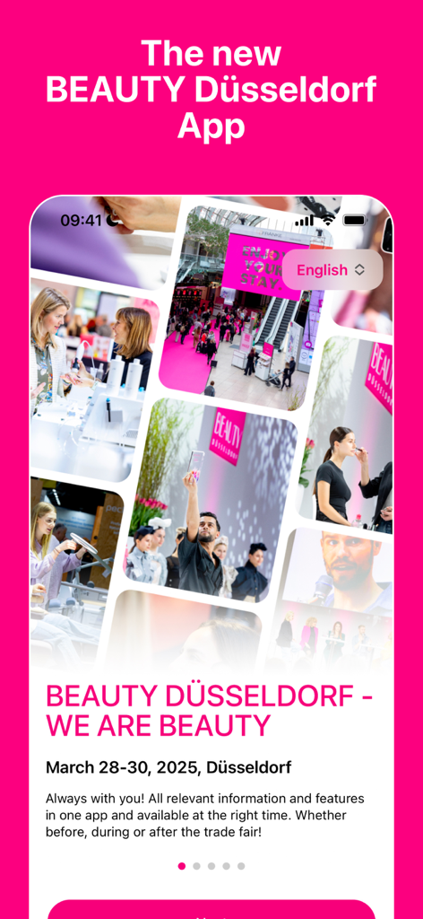Startbildschirm der BEAUTY DÜSSELDORF App mit einer Collage von Messe-Highlights