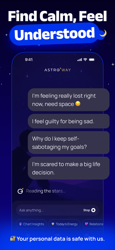 Astro Way - Personal Astrology - Mobile app interface of Astro Way showing a private AI chat for personalized astrology and emotional guidance.
