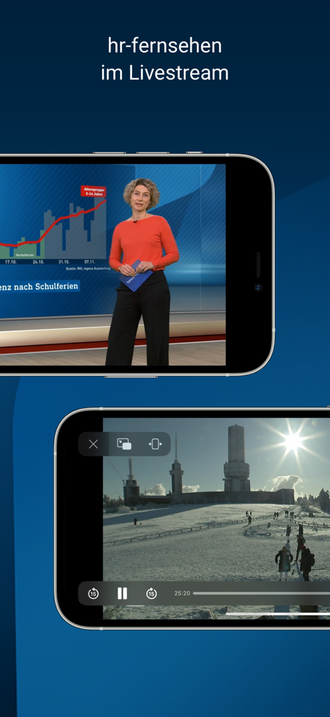 Deux smartphones affichant la fonction de diffusion en direct de l'application hessenschau avec un bulletin d'information et une vidéo en mode paysage