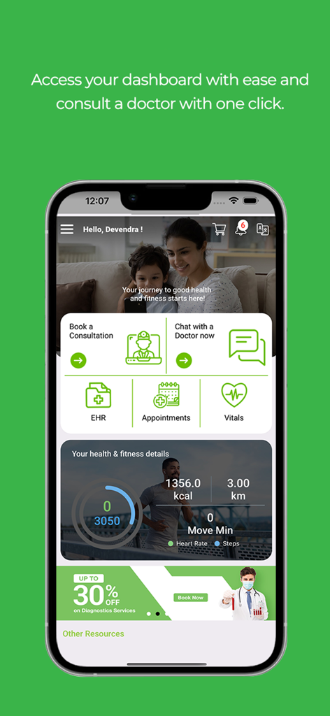 DocOnline: Ask a Doctor Online - DocOnline mobile app dashboard featuring doctor consultation options and fitness tracking data
