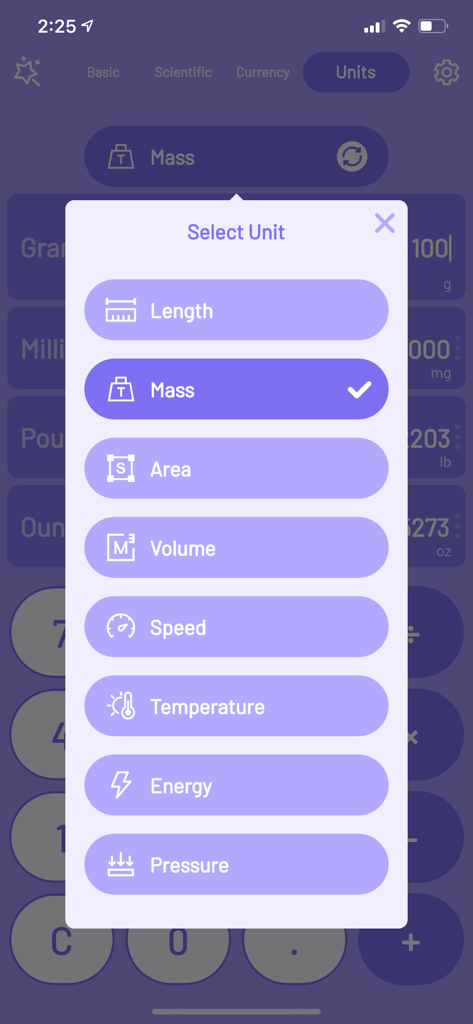 Menú de selección para conversiones de unidades en la aplicación Super Calculator, incluyendo masa, longitud, área y volumen
