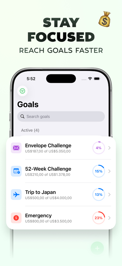 Savings Goal - Money Saver - A mobile interface displaying multiple savings goals including an envelope challenge and a trip to Japan with progress bars.