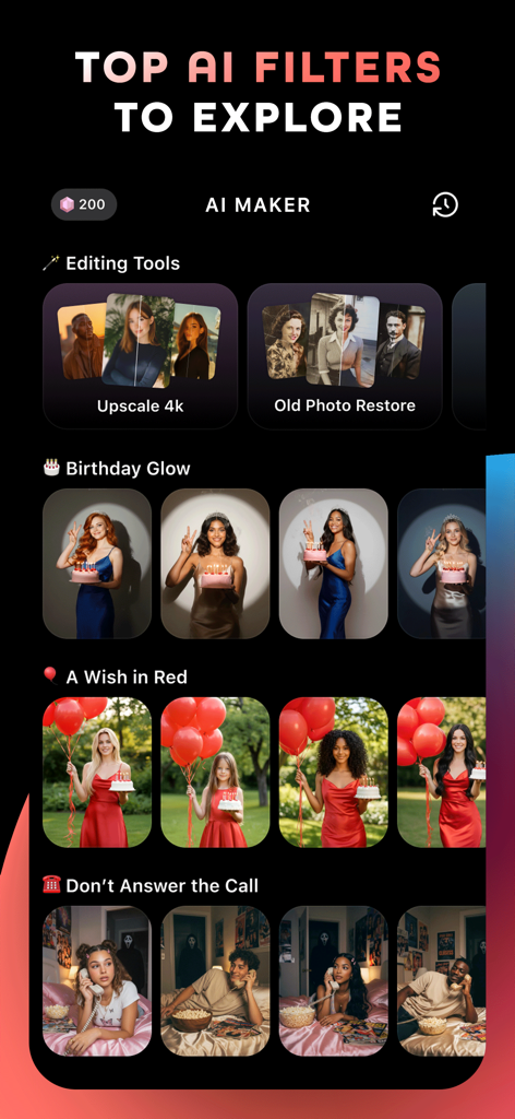 AI Maker: Photo Art Generator - Interfaz de la aplicación AI Maker que muestra varias categorías de filtros de fotos de IA, incluidas temáticas de cumpleaños y terror.