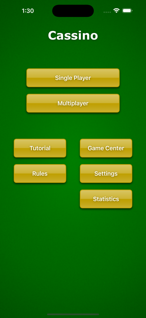 Cassino! - Menú principal de la aplicación del juego de cartas Cassino mostrando opciones para Jugador Único, Multijugador, Tutorial y Reglas.