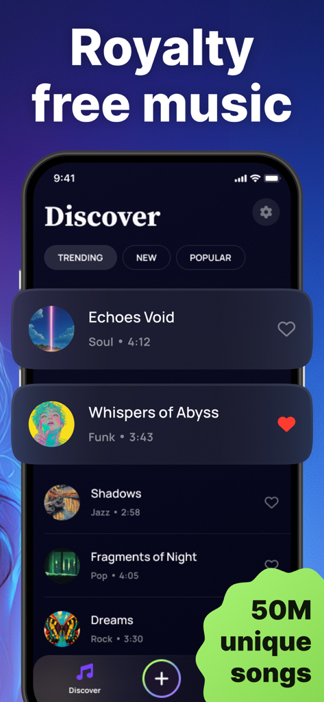 AI Song Generator. Music maker - Tela de descoberta do aplicativo Gerador de Músicas com IA apresentando faixas de música livres de royalties e um selo de 50 milhões de músicas exclusivas