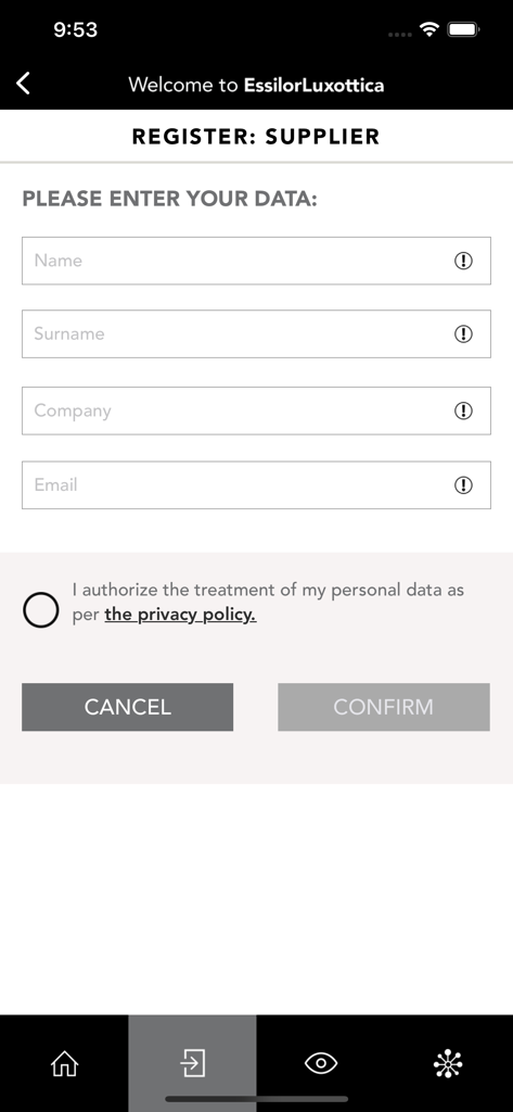 Welcome To EssilorLuxottica - Supplier registration screen with data entry fields for name and company information