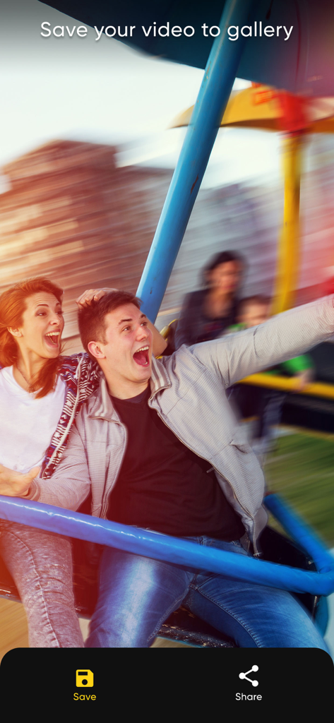 Add Audio to Video Mix - Mobile app interface showing options to save a video to the gallery or share it on social media