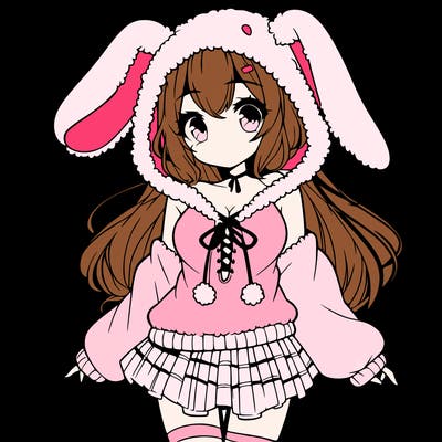 pretty anime girl wearing a fluffy hoodie with bunny ears on the hood and a skirt