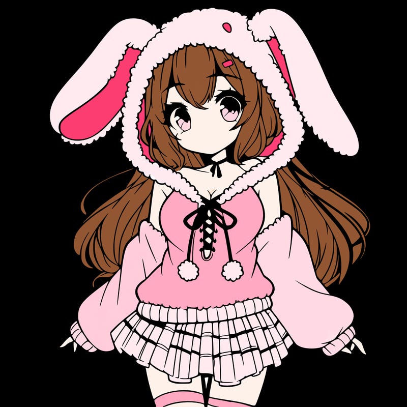 pretty anime girl wearing a fluffy hoodie with bunny ears on the hood and a skirt