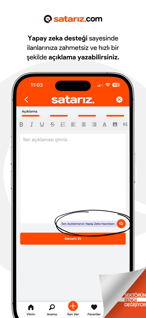 satarız. - Satariz app screenshot highlighting the AI-powered ad description feature