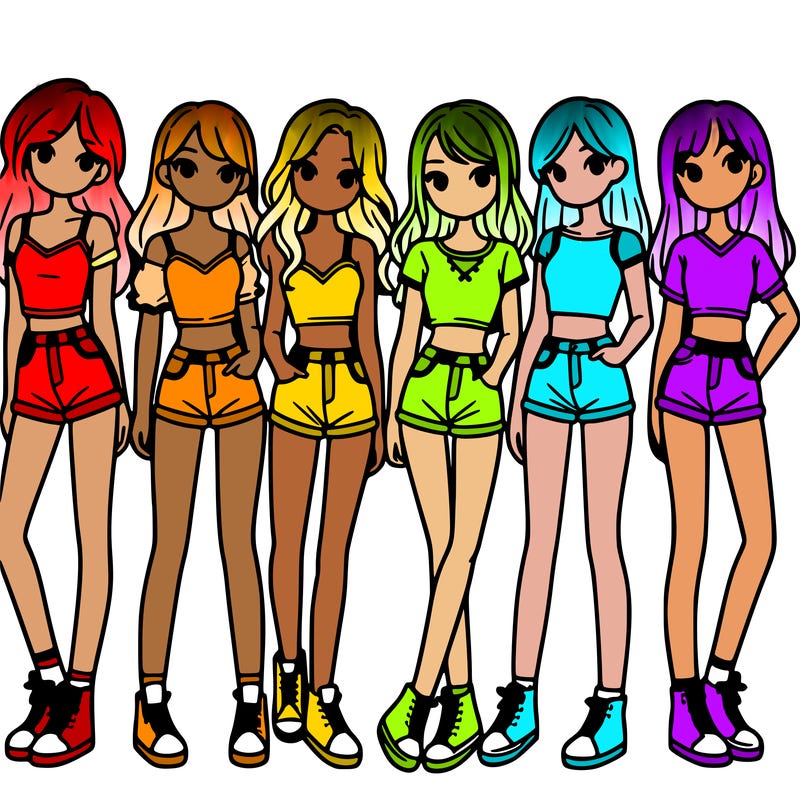a group of girls wearing crop tops and shorts