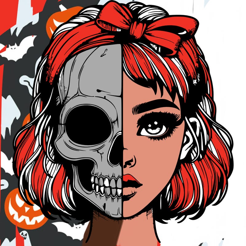 realistic girl with half skull mask