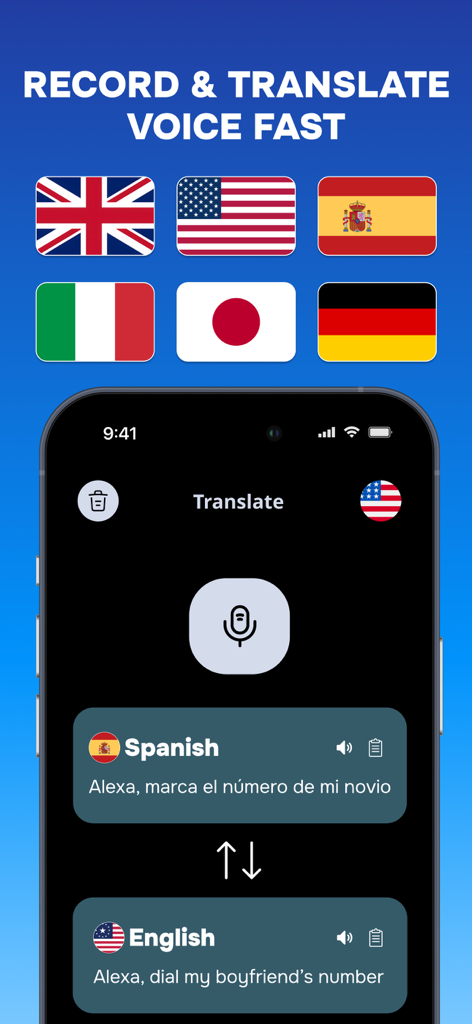 Smart Alexa Echo Commands - Pantalla de smartphone mostrando una función de traducción de comandos de voz del español al inglés para Alexa.