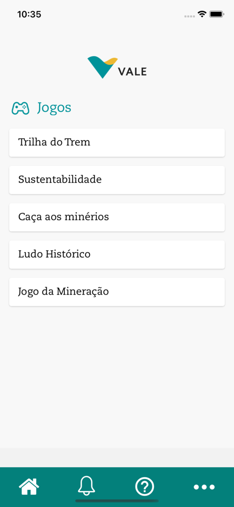 Menú que muestra varios juegos disponibles en la aplicación de tren de pasajeros de Vale