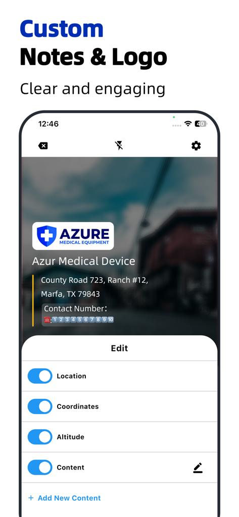 Timestamp Camera App-Oberfläche mit benutzerdefiniertem Geschäftslogo und Standortnotizen-Überlagerung.