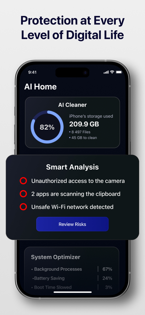 AI Shield app dashboard on iPhone displaying storage cleaning status and smart security analysis results