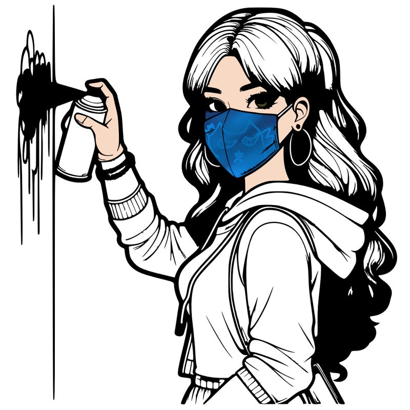 realistic girl with mask spray painting a wall