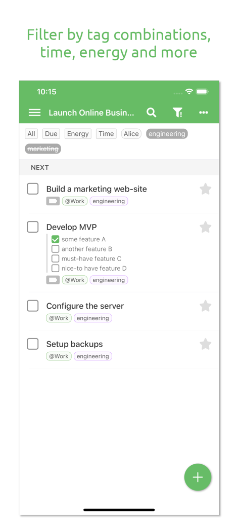 Everdo: GTD and To-Do List - Everdo mobile interface showing GTD task list filtered by tags and energy