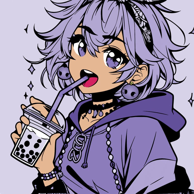 hot baddie anime girl drinking boba and biting the straw