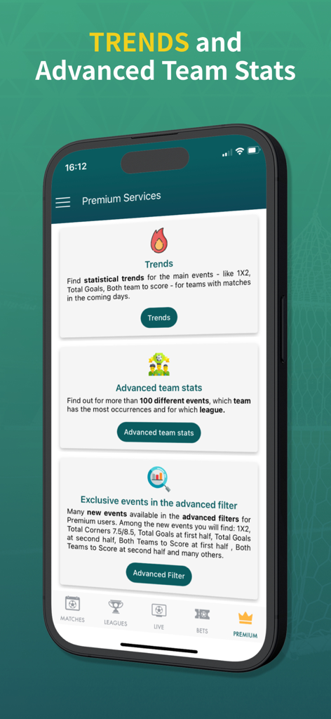 BetMines Football Betting Tips - BetMinesアプリの画面。サッカーベッティングのトレンドと高度なチーム統計のためのプレミアム機能が表示されています。
