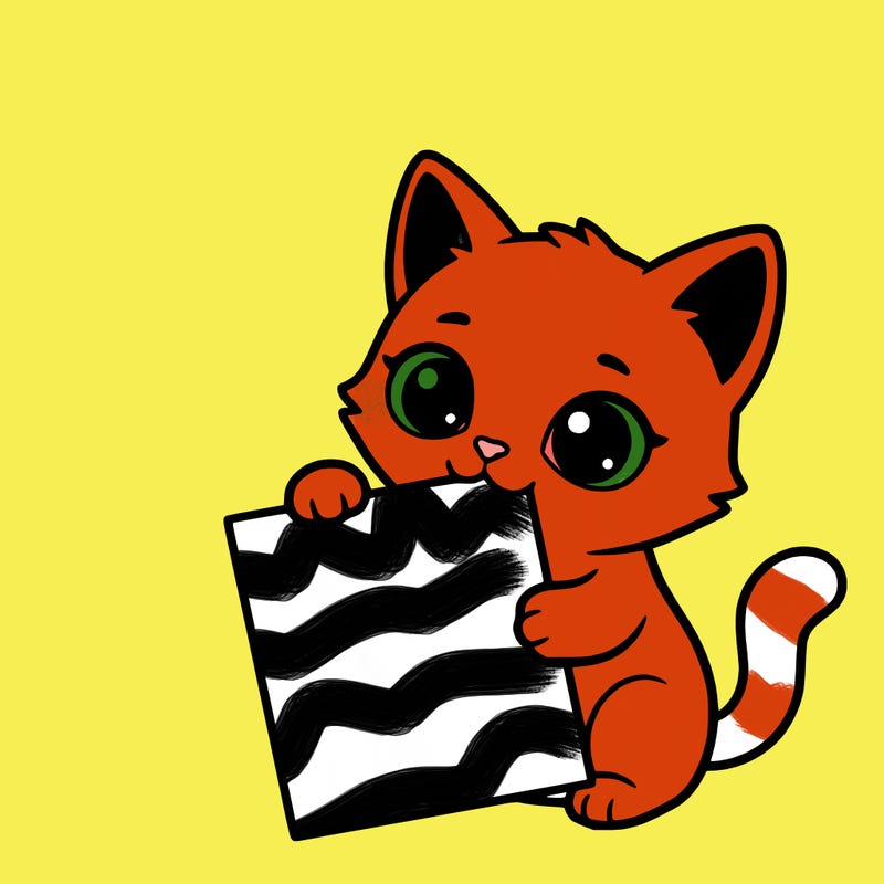 a small cat with a blank sheet of paper in its hand. the cat is sooooooo cute!