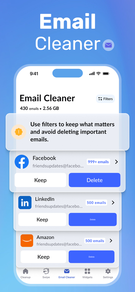 Email cleaner feature interface showing how to delete bulk emails from Facebook LinkedIn and Amazon to free up phone storage