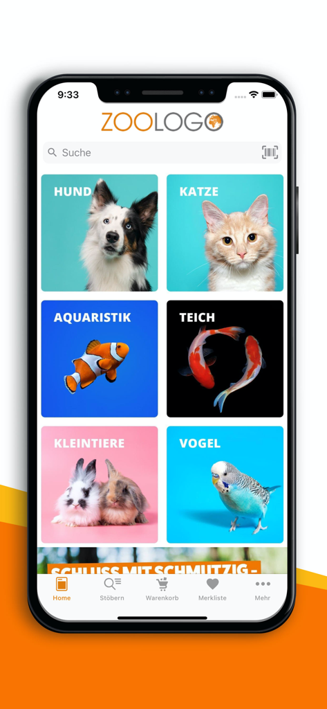 Tela inicial do aplicativo móvel ZOOLOGO com categorias de compras para cães, gatos, peixes, pássaros e animais pequenos