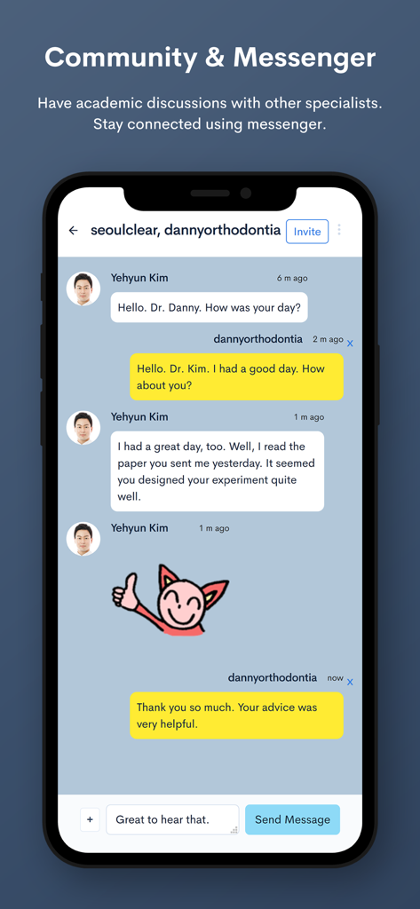 WebCeph - Interface of WebCeph app showing a professional chat conversation between dentists for academic discussion